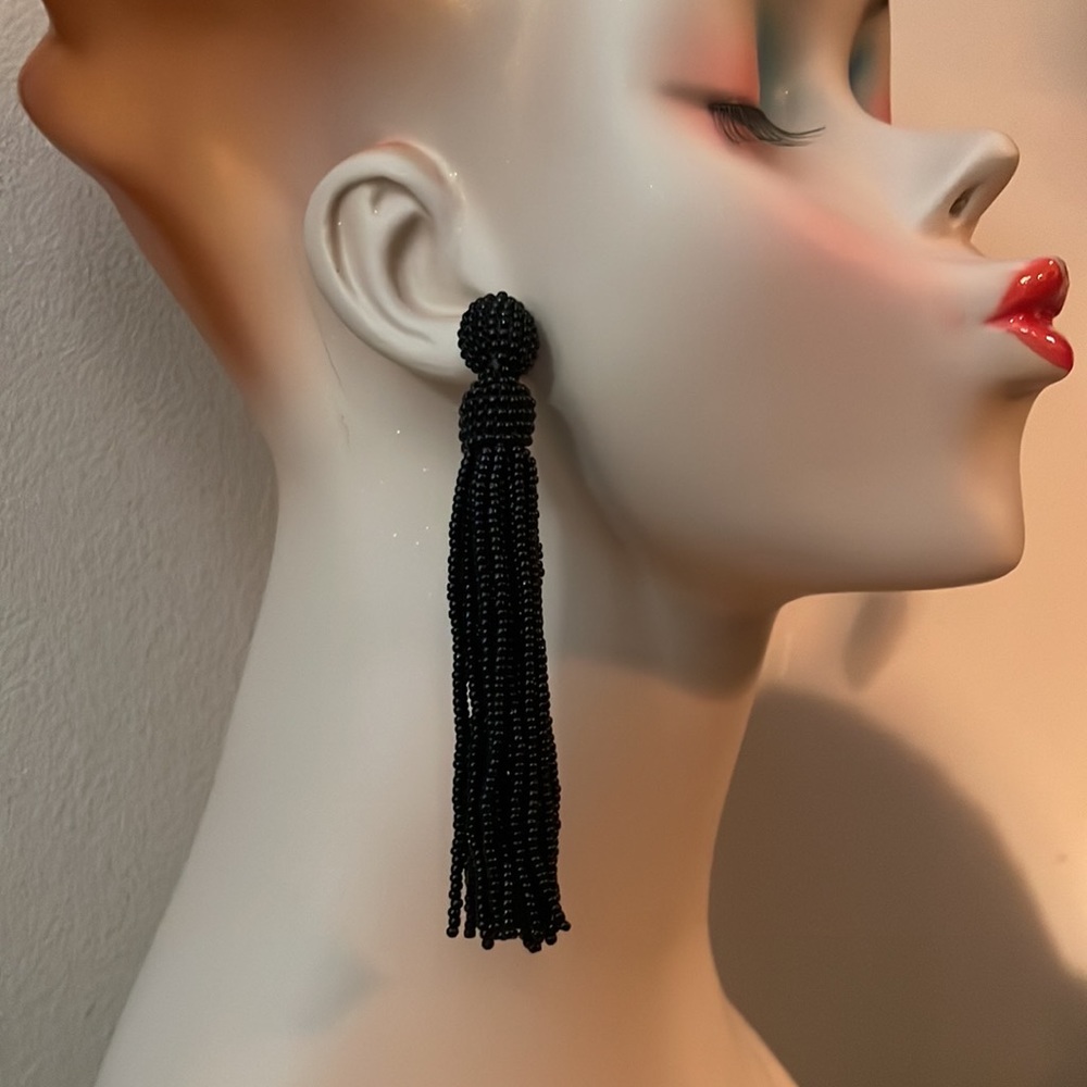 Long Black Seed Bead Tassel Earrings